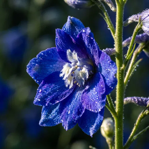 Blue Delphinium Flower Macro with Dew