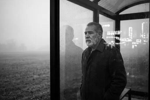 Older Man in Misty Glass Shelter