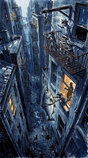 Masked Cats Stealing Giant Fish in Alleyway