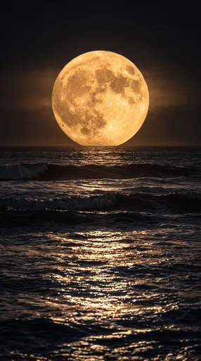 Golden Harvest Moon Over Dark Ocean