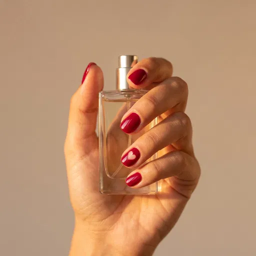 Hand With Red Heart Nail Holding Perfume