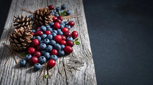 Blueberries, Cranberries, and Pinecones on Wood