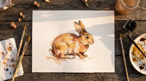 Watercolor Rabbit Drawing Flat Lay