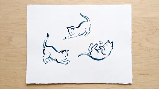 Minimalist Blue Ink Kitten Drawings Flat Lay