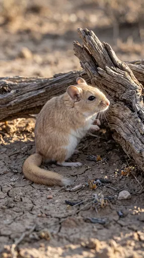 Desert Gerbil Standing Beside Weathered Wood