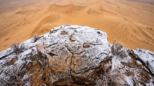 Snow Dusted Boulder Overlooking Desert Dunes