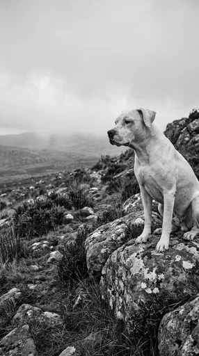 White Dog on Misty Rocky Hillside