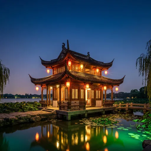 Illuminated Chinese Pavilion on Twilight Lotus Pond