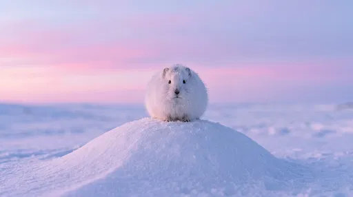White Arctic Lemming on Snow Mound