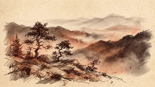 Sanguine Sketch of Misty Mountain Landscape