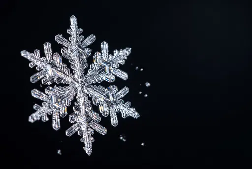 Crystalline Ice Snowflake on Black Background