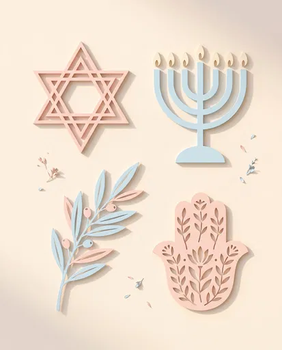 Pastel Paper Cut Jewish Symbols Flat Lay