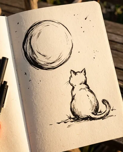 Ink Sketch of Cat Looking at Moon
