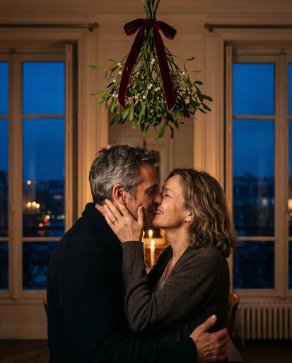 Middle-Aged Couple Kissing Under Mistletoe