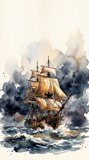 Watercolor Sailing Ship in Stormy Seas