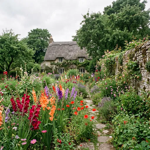 Lush English Cottage Garden with Blooming Flowers