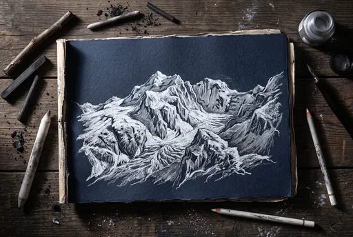 White Charcoal Mountain Drawing Flat Lay