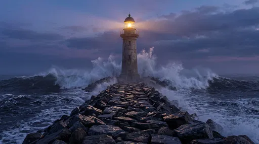 Illuminated Lighthouse on Rocky Breakwater at Dusk