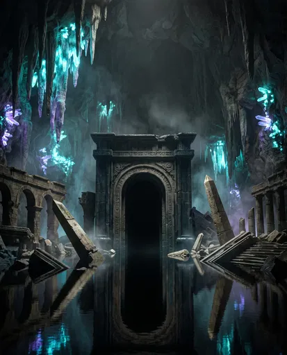 Submerged Ancient Gate in Glowing Cavern