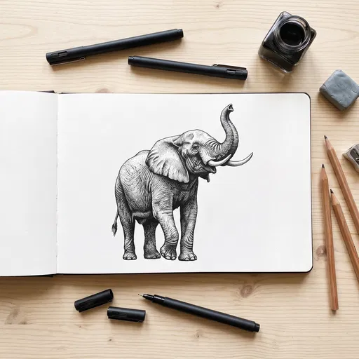 Ink Elephant Drawing in Open Sketchbook