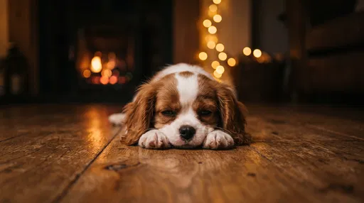 Sleepy Spaniel Puppy on Wooden Floor