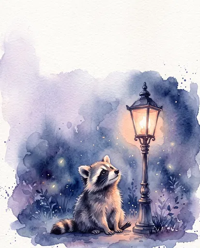 Watercolor Baby Raccoon Under Vintage Streetlamp