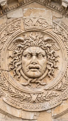 Weathered Stone Gorgon Head Relief Carving