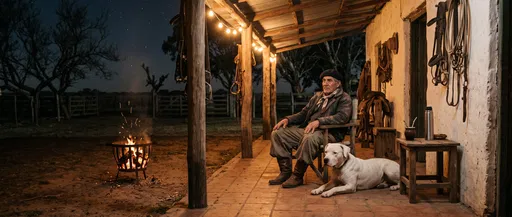 Gaucho and Dog on Ranch Porch