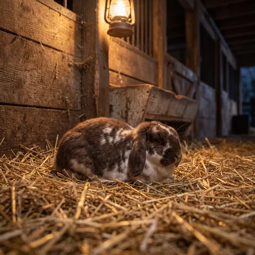 Spotted Lop Bunny Resting in Lit Barn