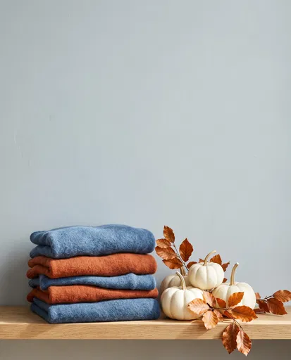 Folded Sweaters and White Pumpkins on Shelf
