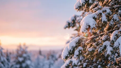 Snowy Pine Branches at Sunset