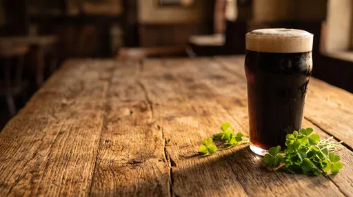 Dark Stout Pint and Shamrocks on Table