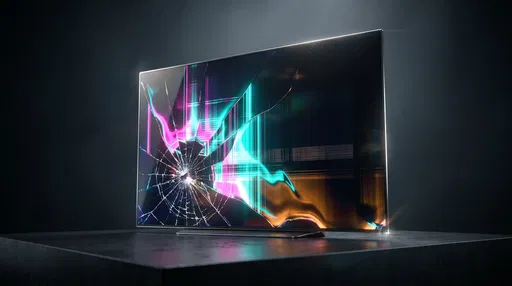 Shattered Television Screen With Neon Glitch