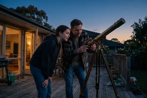 Father and Daughter Using Backyard Telescope