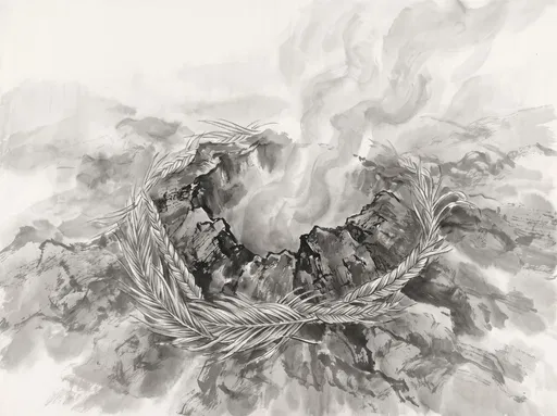 Ink Wash Volcanic Vent With Fronds