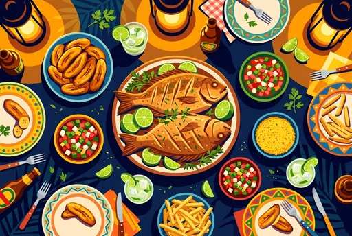 Brazilian Coastal Fried Fish Dinner Illustration