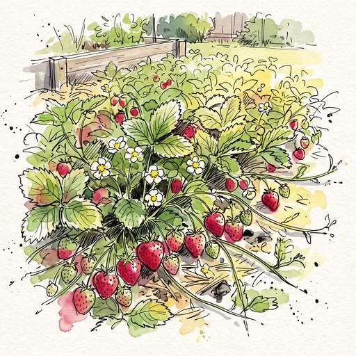 Watercolor and Ink Strawberry Patch Illustration