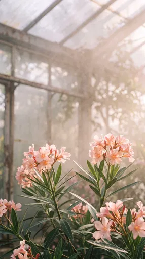 Peach Oleander Flowers in Misty Glasshouse