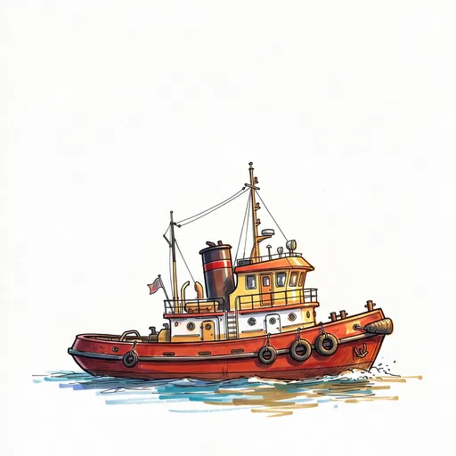 Red and Yellow Tugboat Marker Illustration