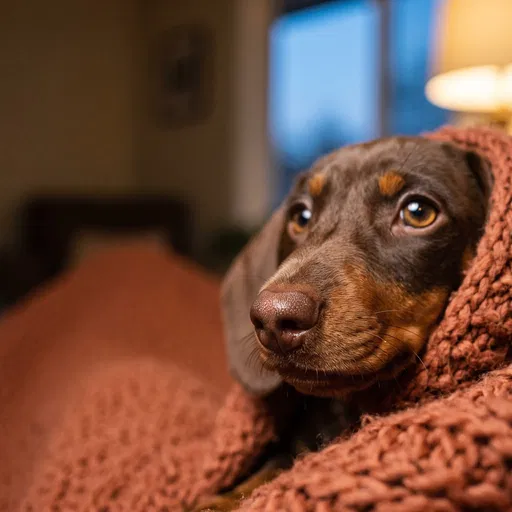 Chocolate Dachshund Wrapped in Knit Blanket
