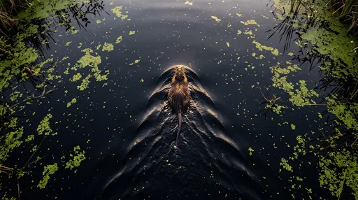 Overhead View of Nutria Swimming in Marsh