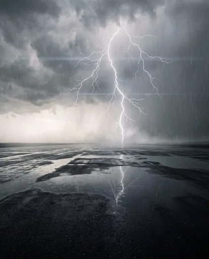 Forked Lightning Over Wet Asphalt Plain