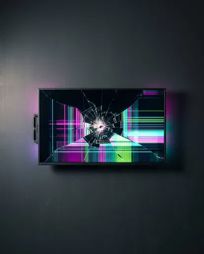 Shattered Television Screen With Neon Glitch
