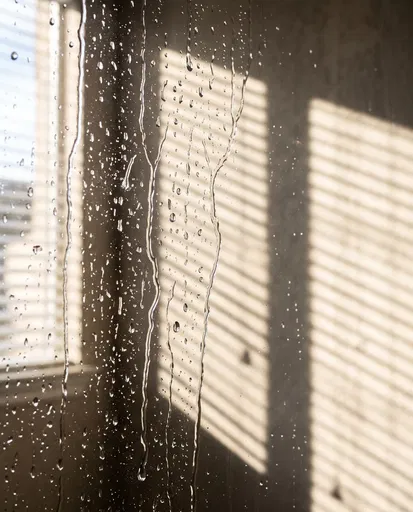 Water Droplets on Glass with Sunlit Shadows