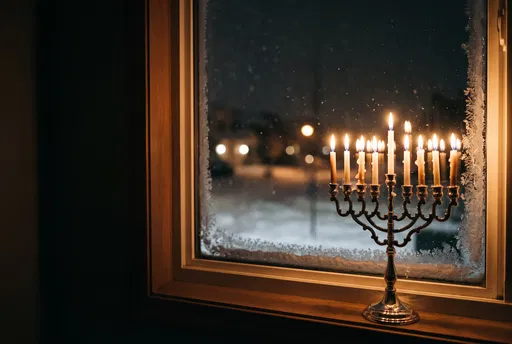Lit Silver Menorah by Frosty Window