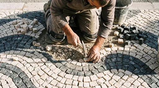 Artisan Laying Traditional Portuguese Cobblestone