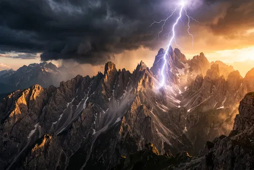 Lightning Striking Rugged Alpine Mountain Peaks