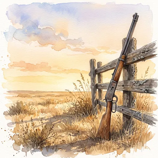 Watercolor Lever-Action Rifle on Prairie Fence