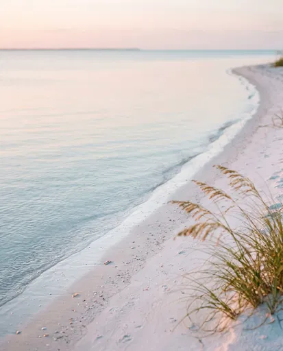 Pastel Sunrise Over White Sand Shoreline