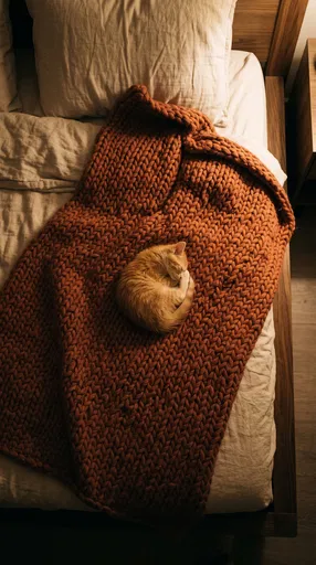Ginger Kitten Sleeping on Knit Blanket